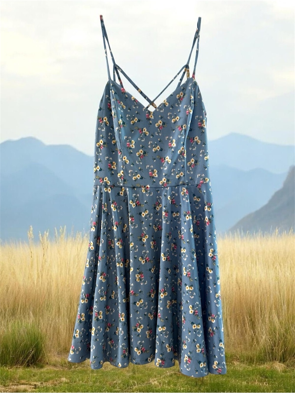 Blue Floral Spaghetti-Strap Mini Dress